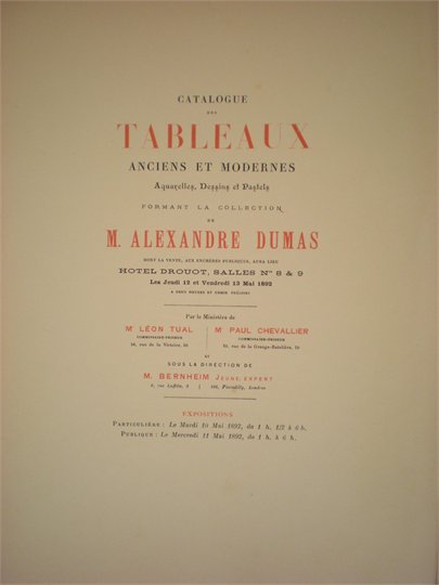 CATALOGUE VENTE " ALEXANDRE DUMAS" drouot 1892