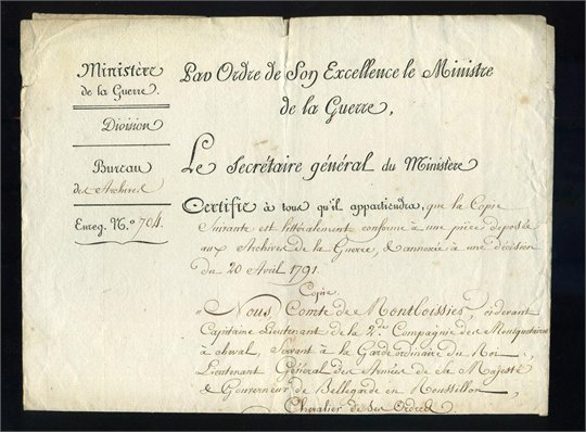 Cetificat en 1814, concernant une appartenance en1766 à la Cie des Mousquetaires