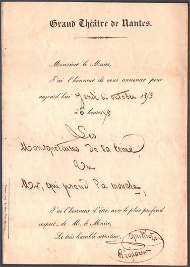 Nantes. Opéra Les Mousquetaires de la Reine. 1853