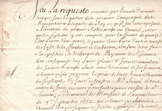 ATTESTATION NOBILIAIRE D'UN MOUSQUETAIRE DU ROY