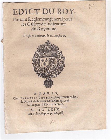 1669 EDIT DU ROI REGLEMENT OFFICES DE JUDICATURES