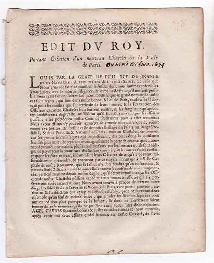 1674 EDIT DU ROI NOUVEAU CHATELET A PARIS