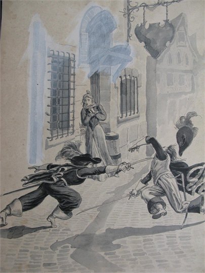 Encre & gouache 19eme Duel Mousquetaires Alfred Daguet 1896