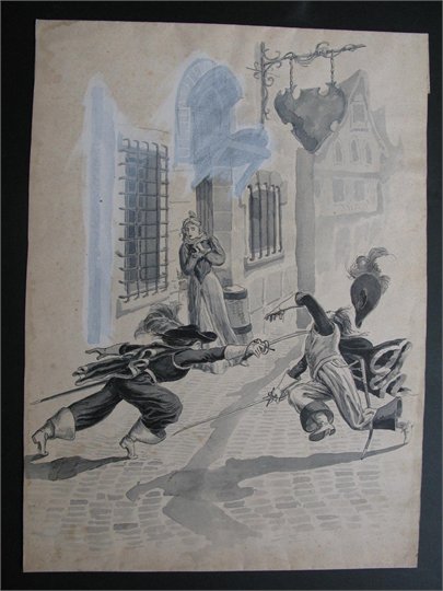 Encre & gouache 19eme Duel Mousquetaires Alfred Daguet 1896