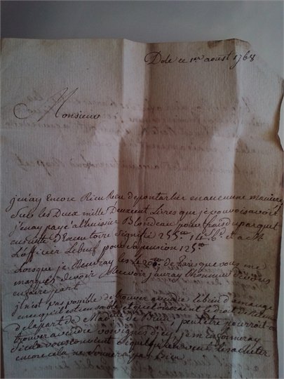 pli parcheminé de 1768 adressé à un MOUSQUETAIRE de l'école d'équitation