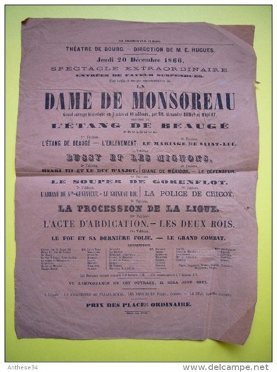 Programme théatre de Bourg en Bresse ? 1866 La dame de Monsoreau d'A. Dumas format affichette