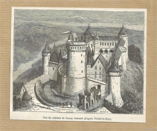 FRANCE vue du Château de Coucy restauré gravure ancienne 1880