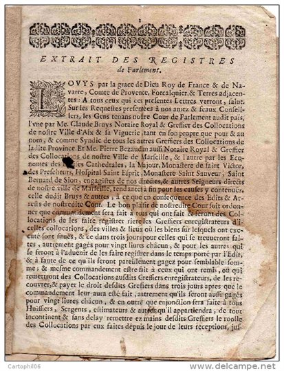EXTRAIT DES REGISTRES de Parlement 1662 +APS Signé ESPITALLIER