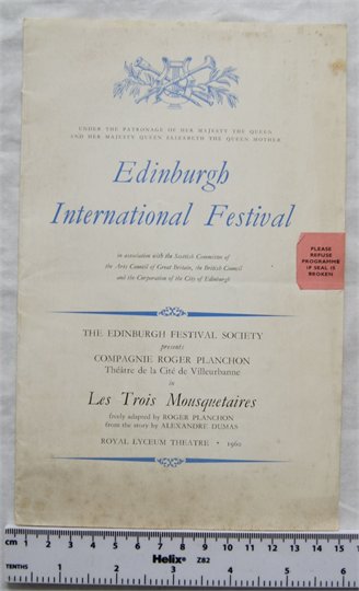 1960 programme Royal Lyceym Theatre, Edinburgh, Les Trois Mousquetaires