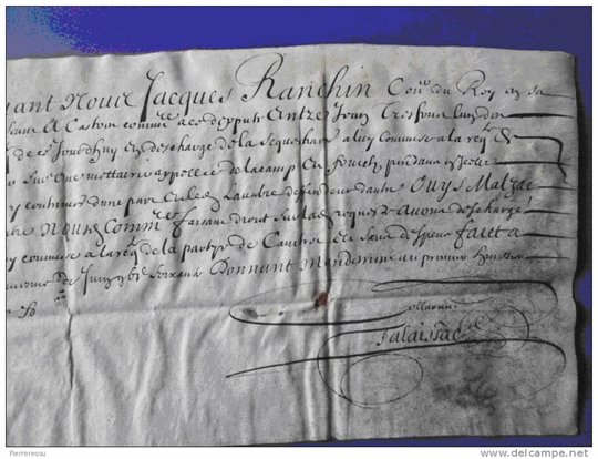 Parchemin manuscrit Jacques Ranchin Conseiller du Roi 1660 Monoblet