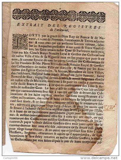 EXTRAIT DES REGISTRES de Parlement (Louis XIV) - Aix Mars 1662