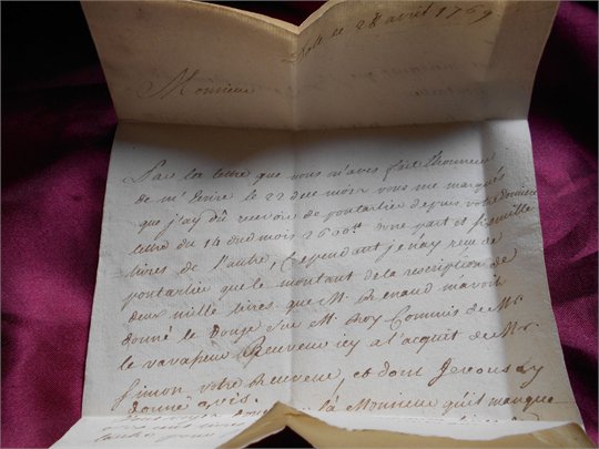Manuscrit ancien à l'adresse d'un Mousquetaire du Roi 28 avril 1769
