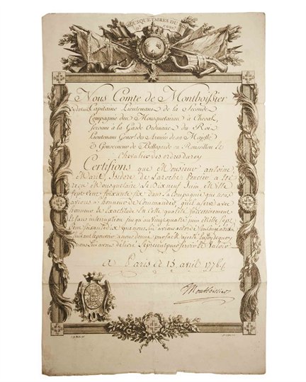 Mousquetaire de 1766 jusqu’en 1770 – Certificat gravée