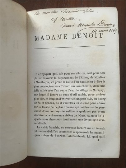 MARIE ALEXANDRE DUMAS "Madame Benoit". Paris, 1869