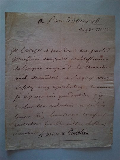 L.S. du Maréchal Duc de Richelieu. 1 page. Paris le 15 mai 1755.