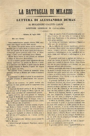 Dumas Alexandre - LA BATTAGLIA DI MILAZZO. LETTERA AL BRIGADIERE GIACINTO CARINI