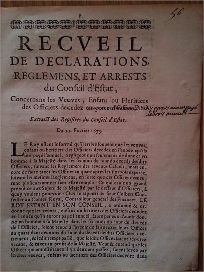 1673 CONSEIL D ETAT RECUEIL DECLARATIONS VEUVES OFFICIERS ....