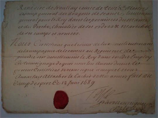 René de Froullay comte de Tessé  (certificat avec sceau à ses armes)