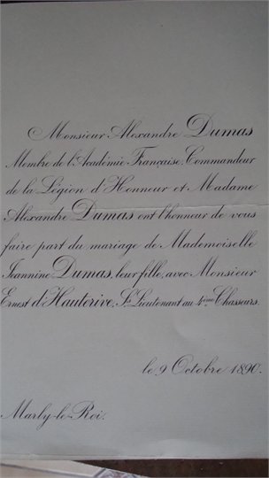 DUMAS ALEXANDRE faire part mariage de sa fille Jeannine1890