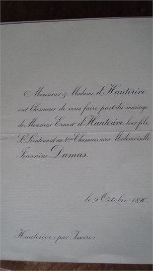 DUMAS ALEXANDRE faire part mariage de sa fille Jeannine1890