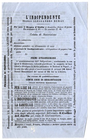 Ricevuta Adesione al Quotidiano Garibaldino l'Indipendente Alessandro Dumas