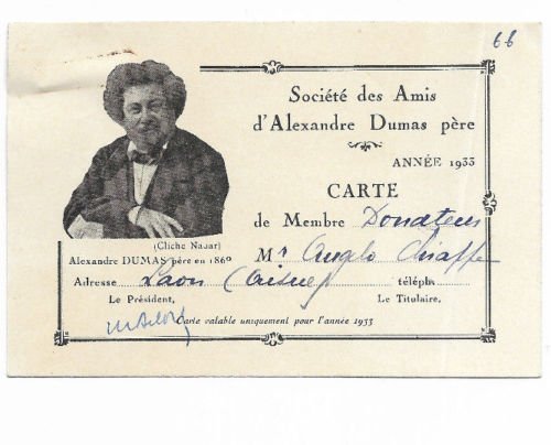 VILLERS COTTERET SOISSONS CARTE DE DONATEUR DES AMIS ALEXANDRE DUMAS 1933