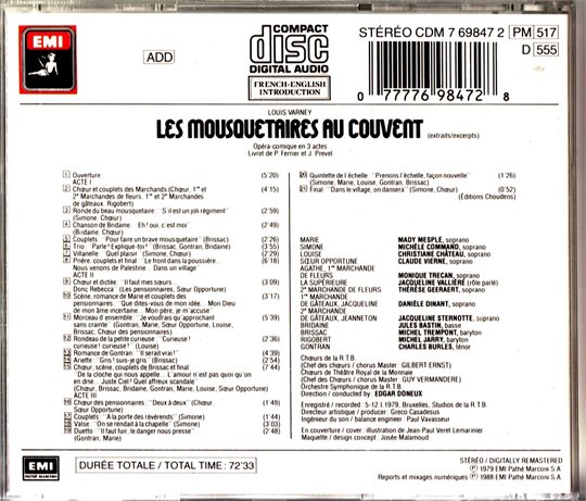 LOUIS VARNEY- Les Mousquetaires Au Couvent CD