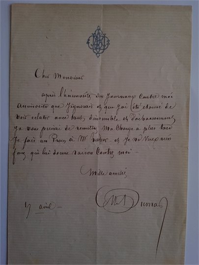 Dumas manuscrit autographe signé « Alex Dumas » et « D’Artagnan »   2