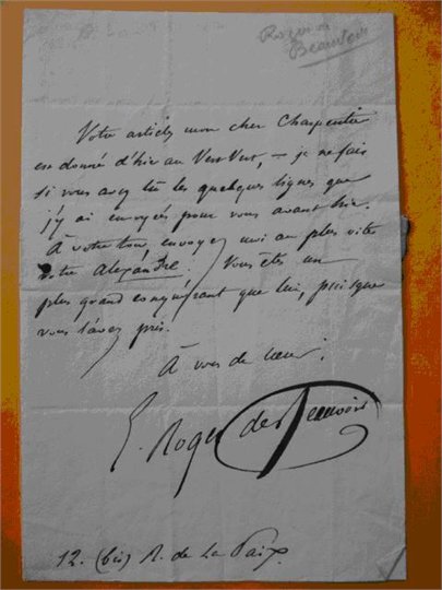 Roger de Beauvoir Billet autographe signé M. Charpentier