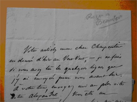 Roger de Beauvoir Billet autographe signé M. Charpentier