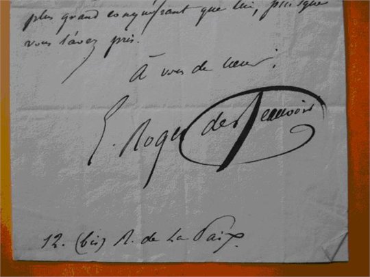 Roger de Beauvoir Billet autographe signé M. Charpentier