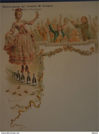 Menu ancien Veuve Clicquot.   21x13,5    Bon Etat    Restaurant du Casinon Luchon. Restaurant du Grand Cercle Nice. Négresco Propriétaire.   Illlustration de Maurice Leloir