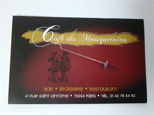 Cafe des Mousquetaires, (rue St Antoine, carte de visite)