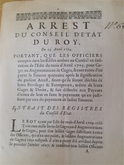 Arrest du conseil d'etat   15 Avril 1704