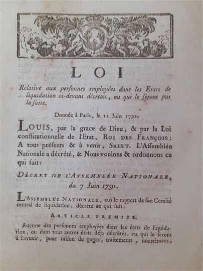 Loi donne a Paris, le 12 Juin 1791