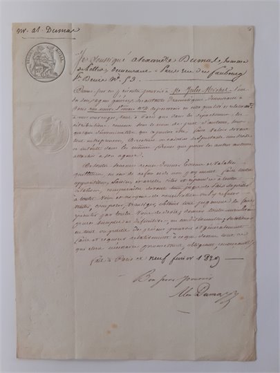 Pouvoir d’A. Dumas à Jules Michel 9/2/1829