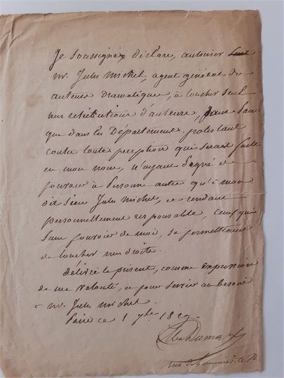 Pouvoir d’A. Dumas à Jules Michel 1/7/1829