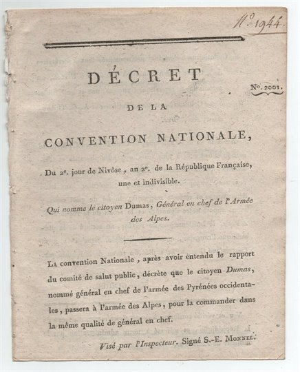 Décrets de la convention nationale N°2001 (general Dumas)