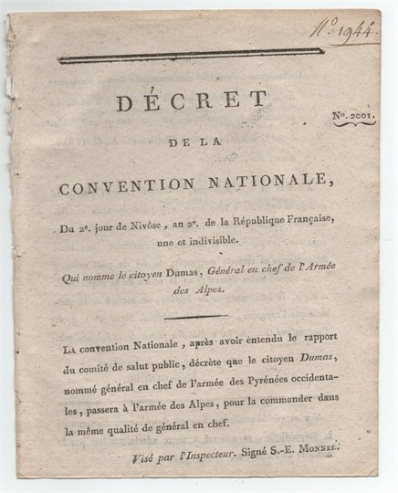 Décrets de la convention nationale N°2001 (general Dumas)