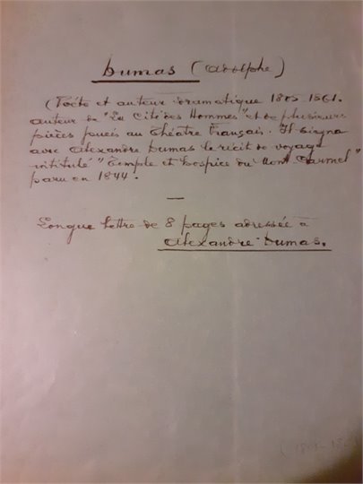 L.A.S. d’Adolphe Dumas adressée à Alexandre Dumas