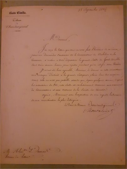 L. S. de Montalivet à Alexandre Dumas (18/9/1846)