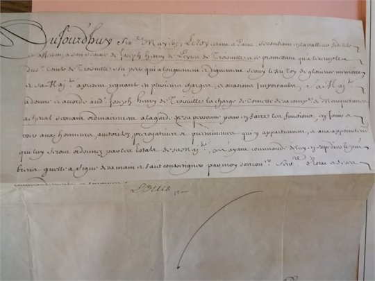 Brevet de Cornette de la Compagnie des Mousquetaires à Cheval, pour M. Joseph Henry de Peyre de Troisville
