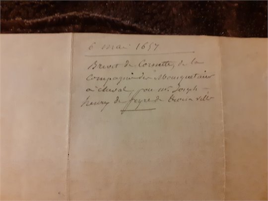 Brevet de Cornette de la Compagnie des Mousquetaires à Cheval, pour M. Joseph Henry de Peyre de Troisville