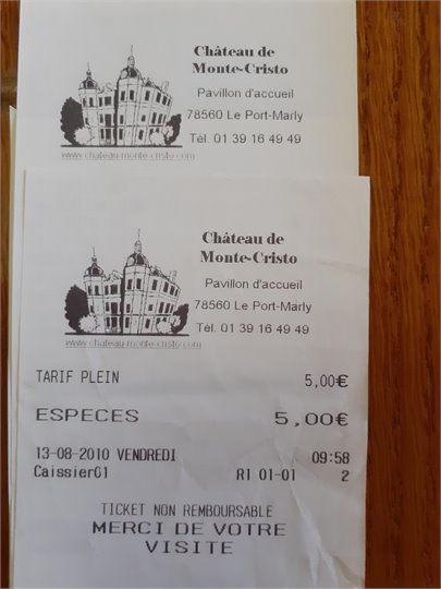 Billet entree, Chateau Monte-Cristo