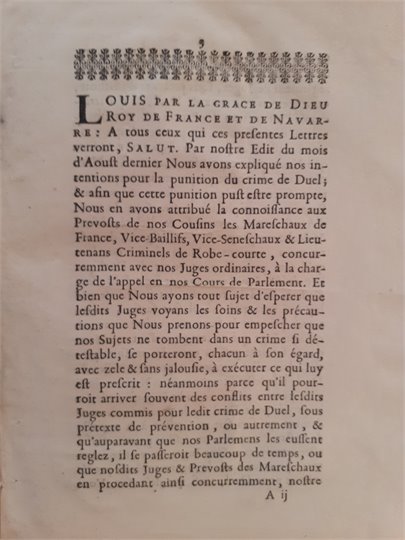 Declaration du Roy (pour la punition du Crime de Duel, 14/12/1679)
