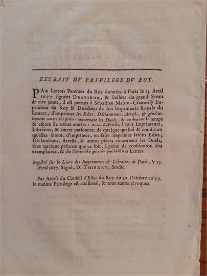 Declaration du Roy (pour la punition du Crime de Duel, 14/12/1679)