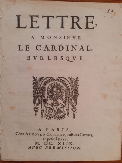 Lettre, a Monsieur le Cardinal, burlesque (Mazarinade, 1649)