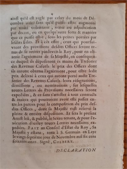 Arrest du Conceil d'Estat (27/11/1671)