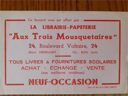 BUVARD Librairie Papeterie Aux Trois Mousquetaires
