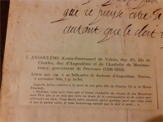 Louis-Emmanuel de Valois duc d'Angouleme  LAS (1650)